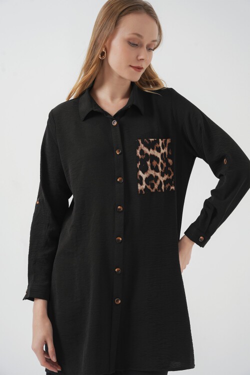 Merterium 5851 Cep Detaylı Gömlek Tunik - Siyah