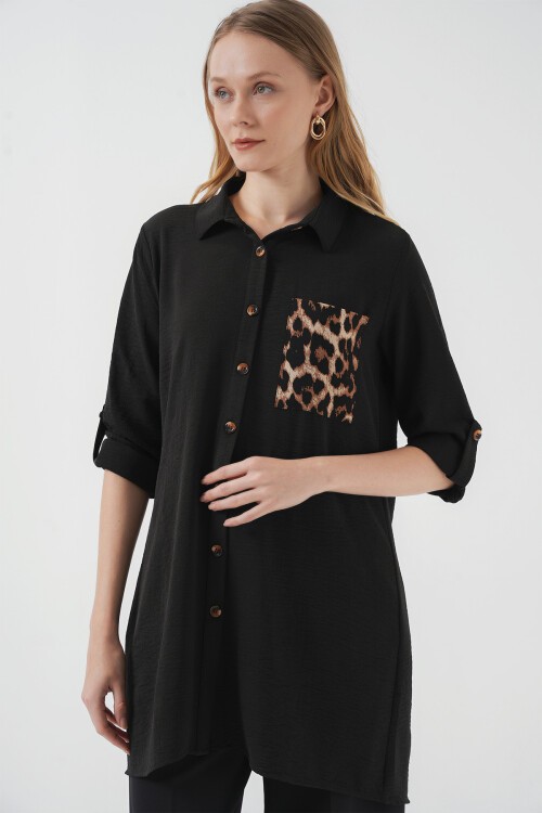 Merterium 5851 Cep Detaylı Gömlek Tunik - Siyah