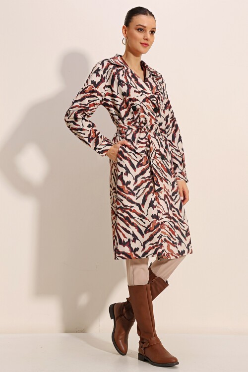 Merterium 5853 Desenli Kruvaze Yaka Trençkot - C. Bej