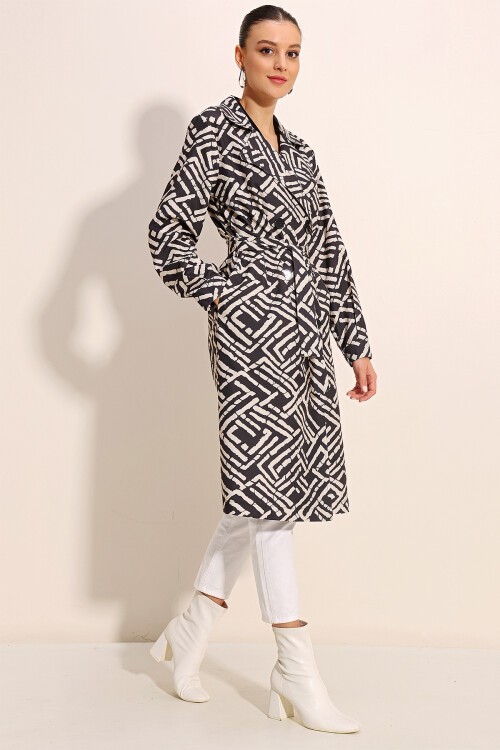 Merterium 5853 Desenli Kruvaze Yaka Trençkot - C. Siyah
