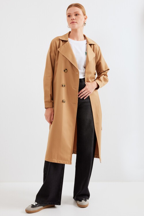 Merterium 5853 Kruvaze Yaka Trençkot - Taba