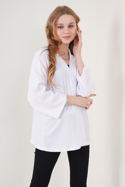 Merterium 5862 Örme Kimono - Beyaz