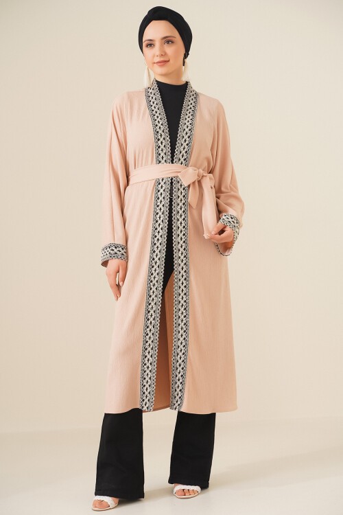 Merterium 5865 Nakışlı Örme Uzun Kimono - Bisküvi