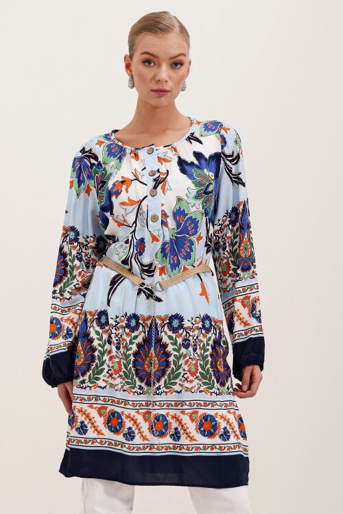 Merterium 5902 Kemerli Desenli Elbise - Lacivert