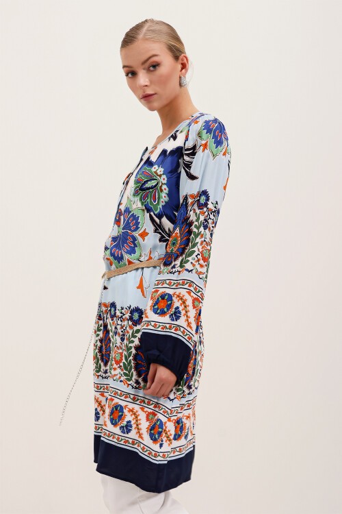 Merterium 5902 Kemerli Desenli Elbise - Lacivert