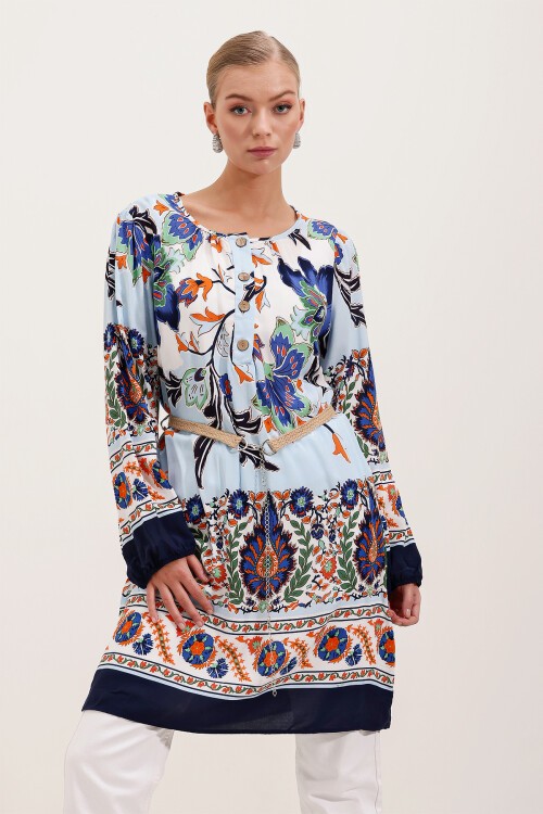 Merterium 5902 Kemerli Desenli Elbise - Lacivert