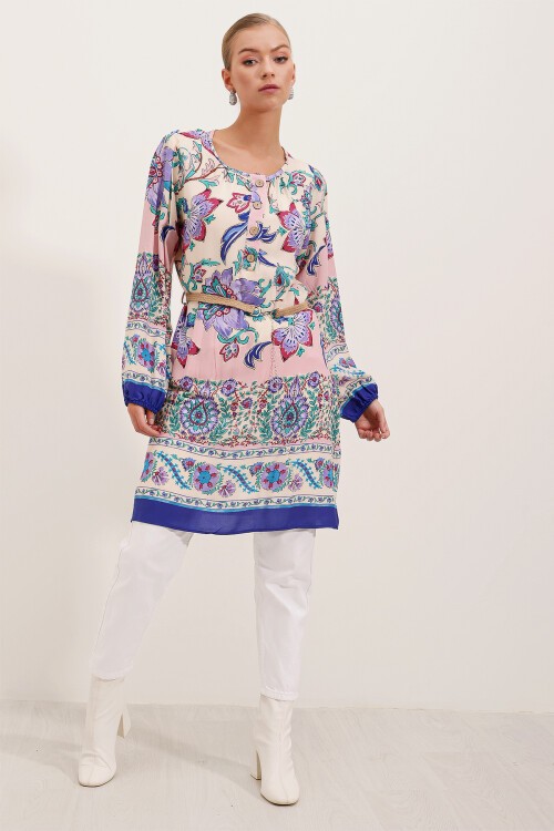 Merterium 5902 Kemerli Desenli Elbise - Mor