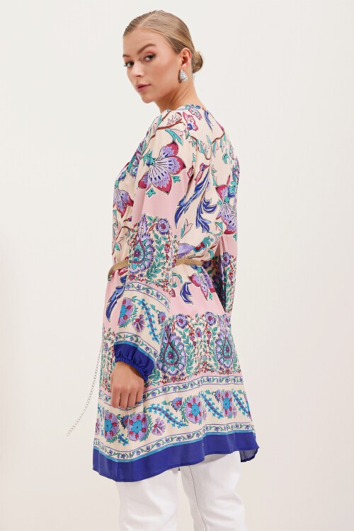 Merterium 5902 Kemerli Desenli Elbise - Mor