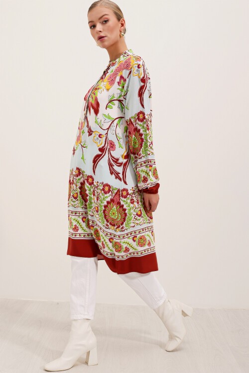 Merterium 5903 Desenli Viskon Elbise - Bordo