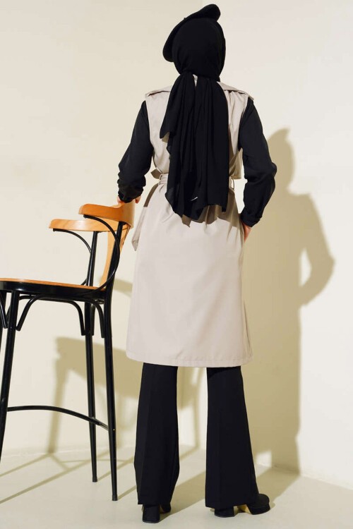 Merterium 5911 Kruvaze Yaka Trençkot Yelek - Bej