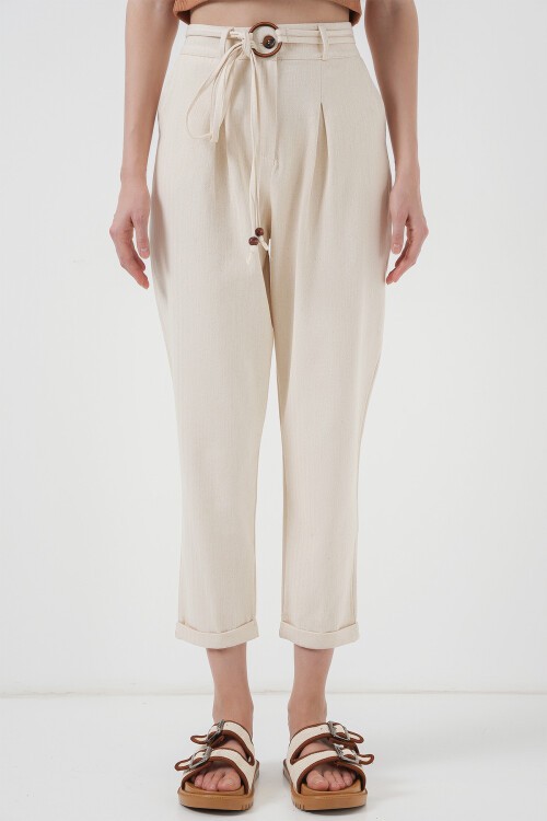 Merterium 6660 Kemerli Keten Pantolon - Krem