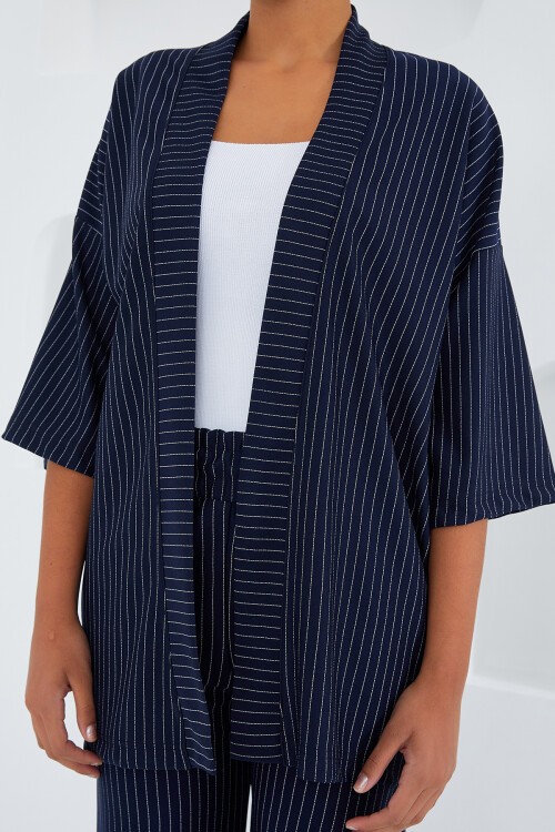 Merterium 6661 Kadın Çizgili Kimono İkili Takım - Lacivert