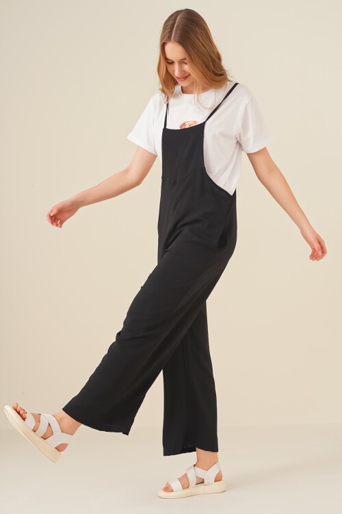 Merterium 7019 Askılı Bahçivan Tulum - Siyah