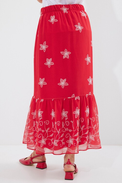 Merterium 8010 Desenli Şifon Etek - A.Kırmızı