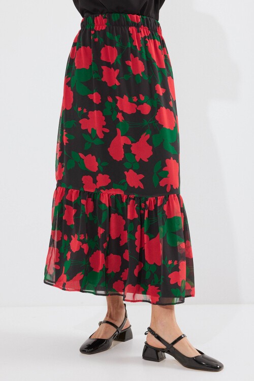 Merterium 8010 Desenli Şifon Etek - F. Siyah