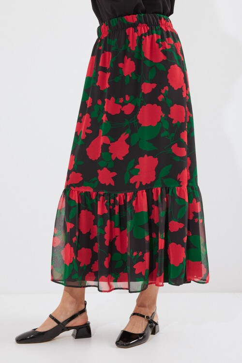 Merterium 8010 Desenli Şifon Etek - F. Siyah