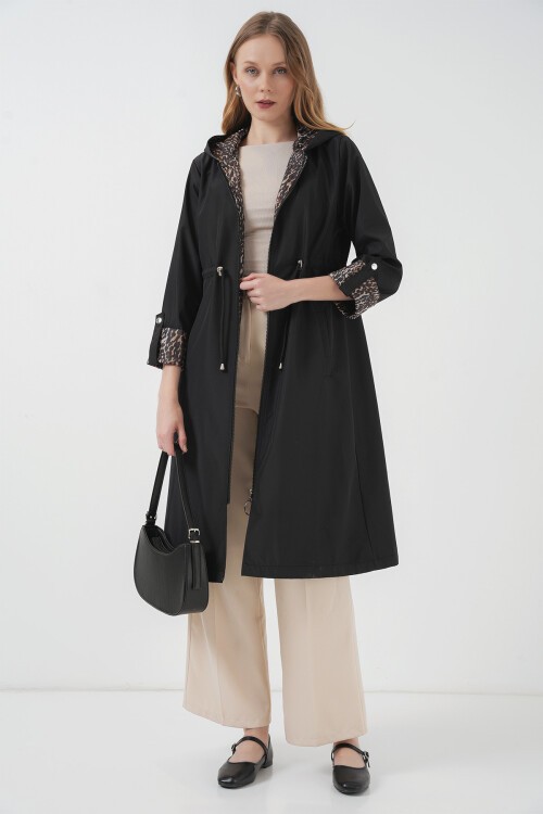 Merterium 9091 Beli Büzgülü Kapşonlu Trençkot - Düz Siyah