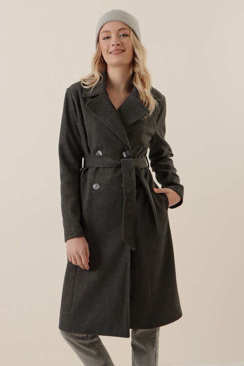 Merterium 9095 Kruvaze Yaka Kaşe Kaban - Füme