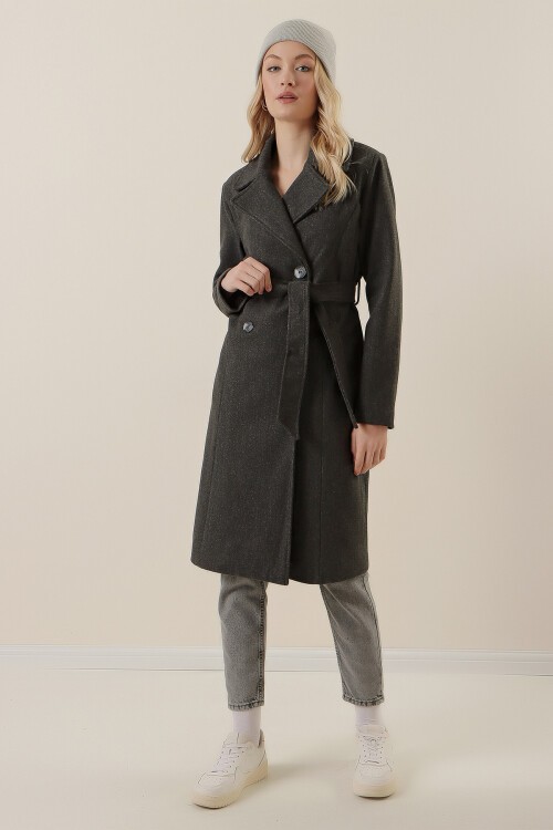 Merterium 9095 Kruvaze Yaka Kaşe Kaban - Füme