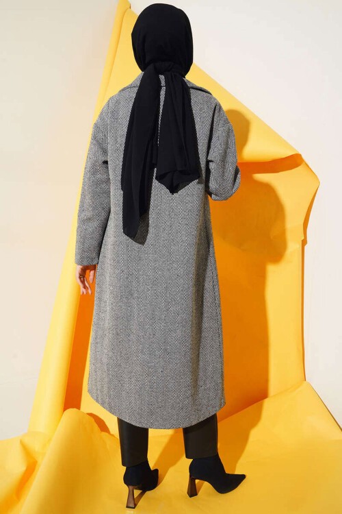 Merterium 9113 Oversize Geniş Kesim Yünlü Uzun Kaşe Kaban - Siyah