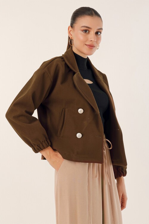 Merterium 9117 Kruvaze Yaka Crop Ceket - Kahverengi