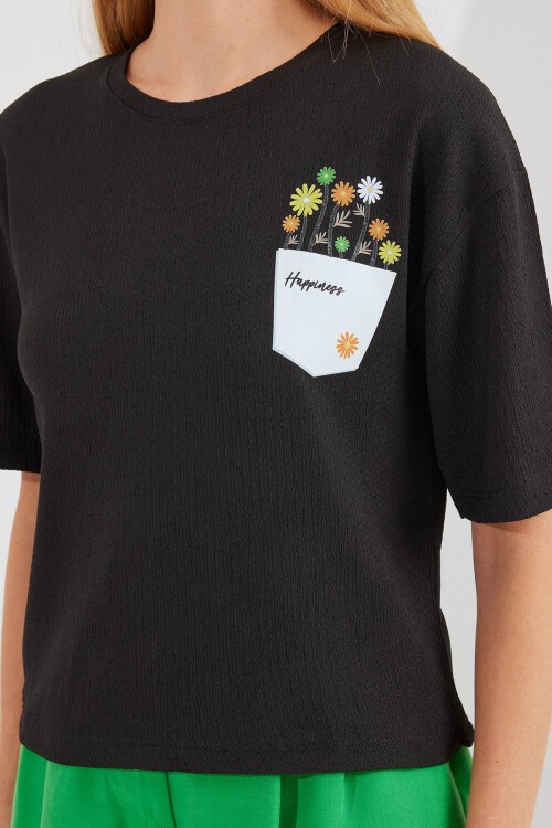 Merterium 912 Baskılı Örme Basic Tişört - Siyah