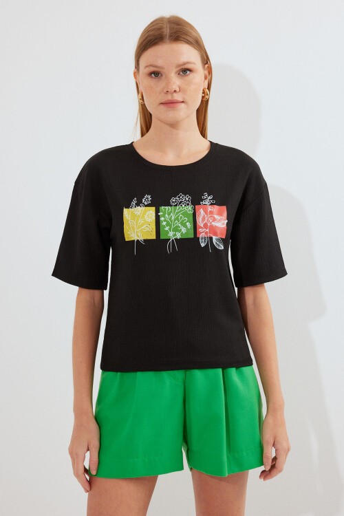 Merterium 913 Baskılı Örme Basic Tişört - Siyah