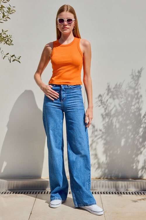 Merterium 917 Bisiklet Yaka Fitilli Kolsuz Bluz - Turuncu