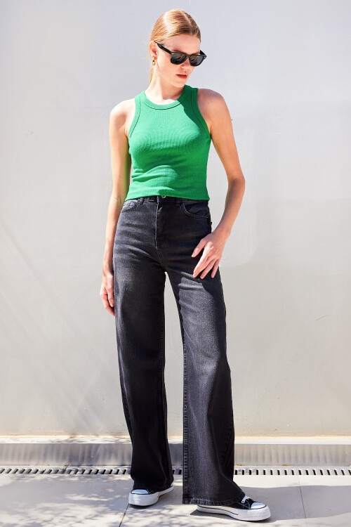 Merterium 917 Bisiklet Yaka Fitilli Kolsuz Bluz - Yeşil