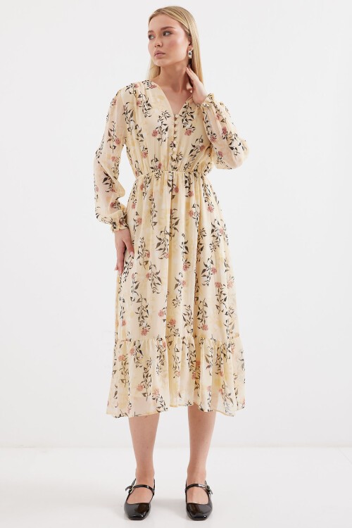 Merterium Bigdart 2137 Desenli Şifon Elbise - Krem