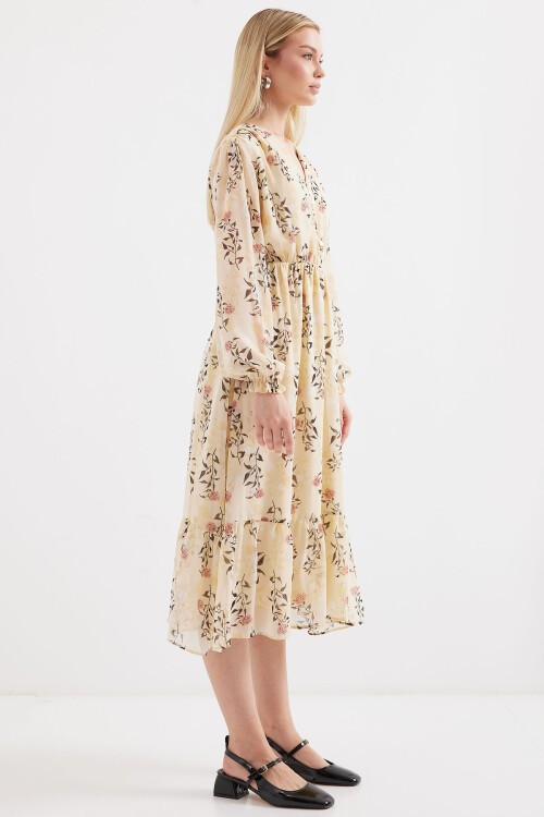 Merterium Bigdart 2137 Desenli Şifon Elbise - Krem