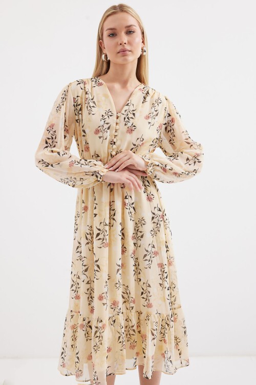 Merterium Bigdart 2137 Desenli Şifon Elbise - Krem