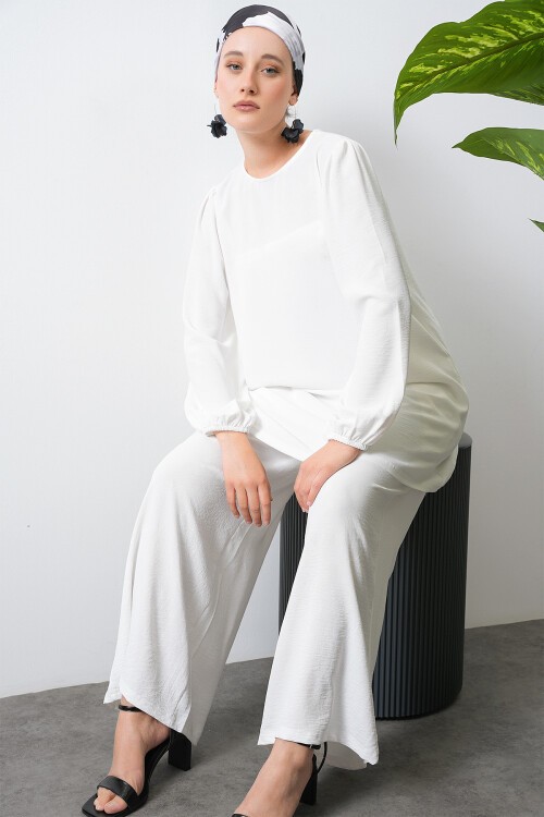Merterium Kadın Ayrobin Tunik Pantolon Alt Üst Takım - Beyaz