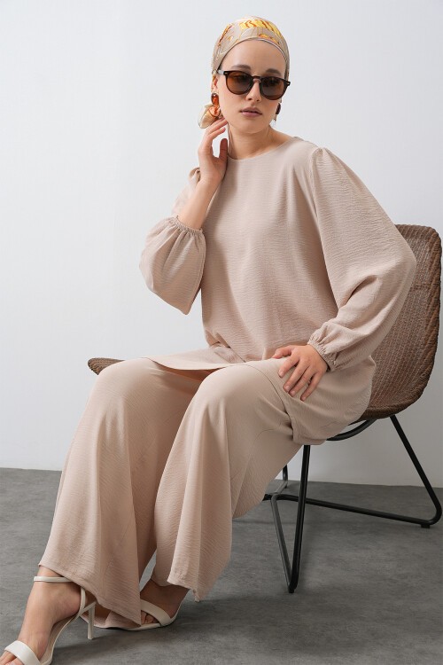 Merterium Kadın Ayrobin Tunik Pantolon Alt Üst Takım - Krem