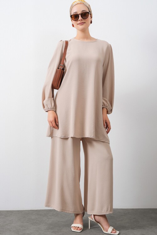 Merterium Kadın Ayrobin Tunik Pantolon Alt Üst Takım - Krem