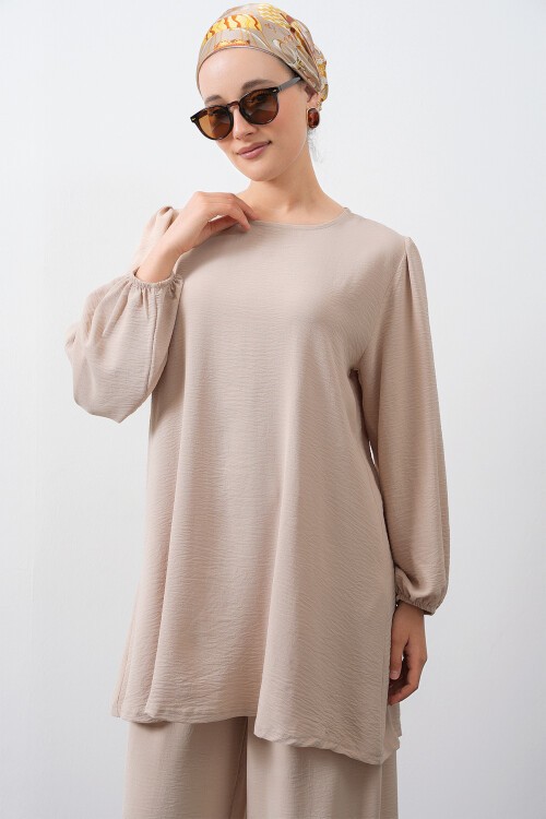 Merterium Kadın Ayrobin Tunik Pantolon Alt Üst Takım - Krem