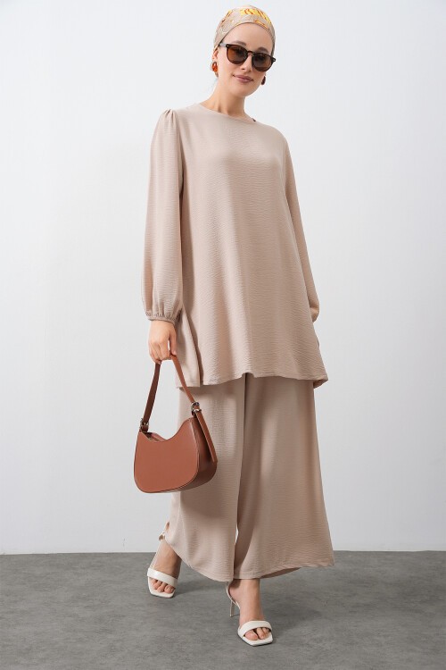 Merterium Kadın Ayrobin Tunik Pantolon Alt Üst Takım - Krem