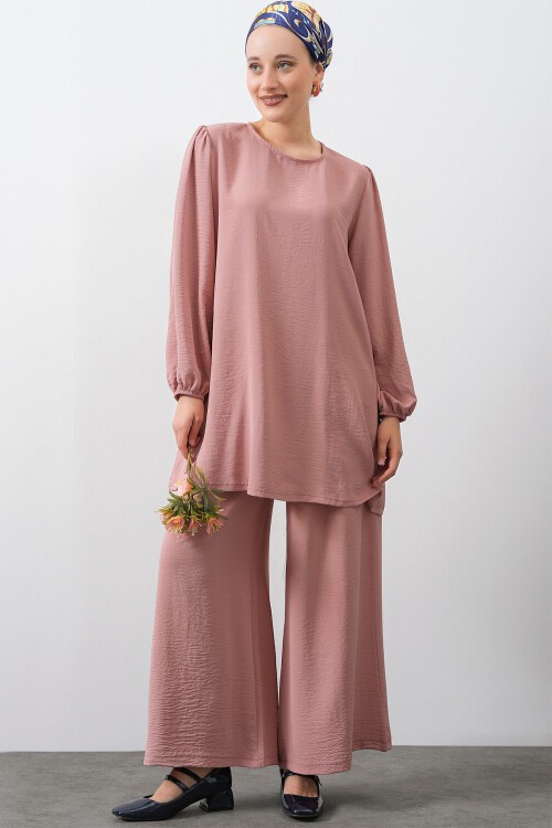 Merterium Kadın Ayrobin Tunik Pantolon Alt Üst Takım - Pudra
