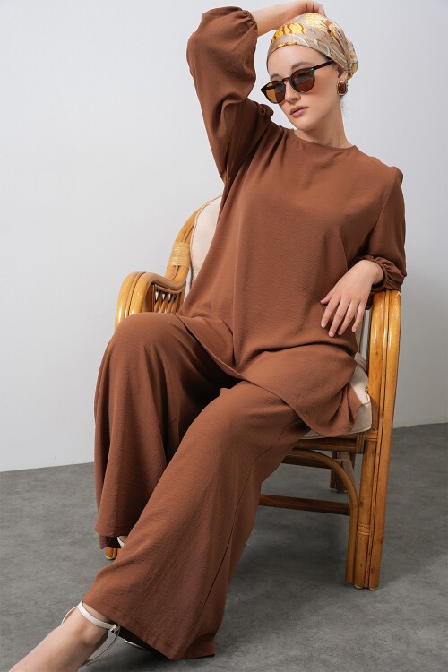 Merterium Kadın Ayrobin Tunik Pantolon Alt Üst Takım - Sütlü Kahve