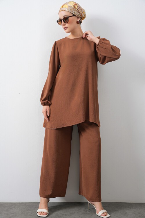 Merterium Kadın Ayrobin Tunik Pantolon Alt Üst Takım - Sütlü Kahve