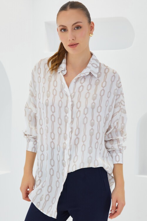 Merterium Kadın Bej Beyaz Desenli Oversize Saten Gömlek 3985