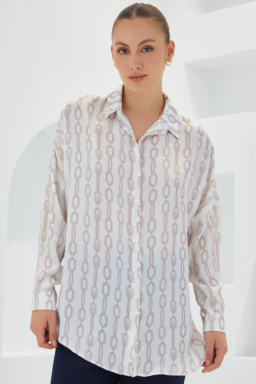 Merterium Kadın Bej Beyaz Desenli Oversize Saten Gömlek 3985