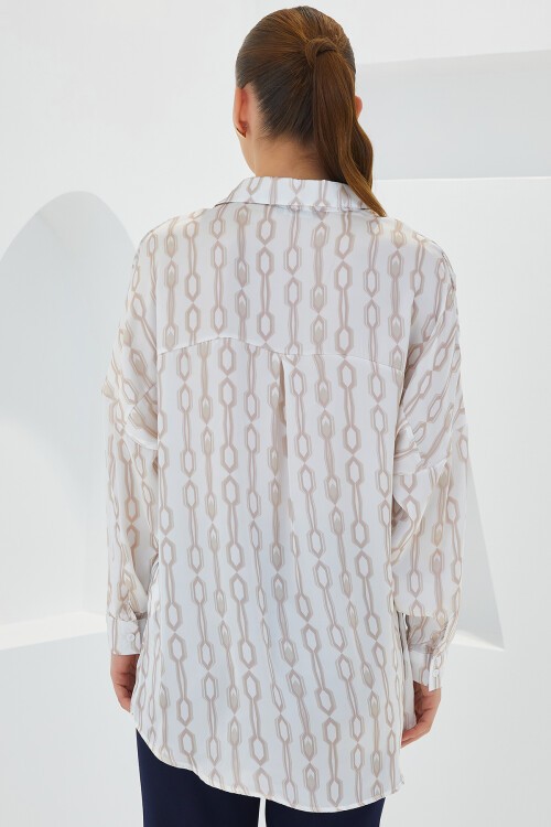 Merterium Kadın Bej Beyaz Desenli Oversize Saten Gömlek 3985