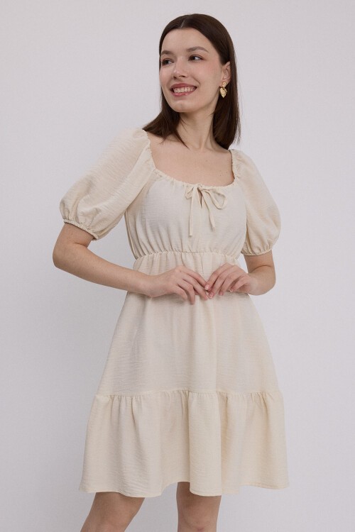 Merterium Kadın Bej Kloş Keten Elbise 2351