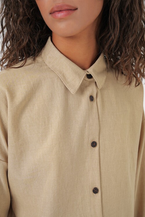 Merterium Kadın Bej Oversize Keten Alt Üst Takım 6622