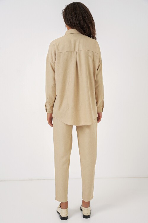 Merterium Kadın Bej Oversize Keten Alt Üst Takım 6622