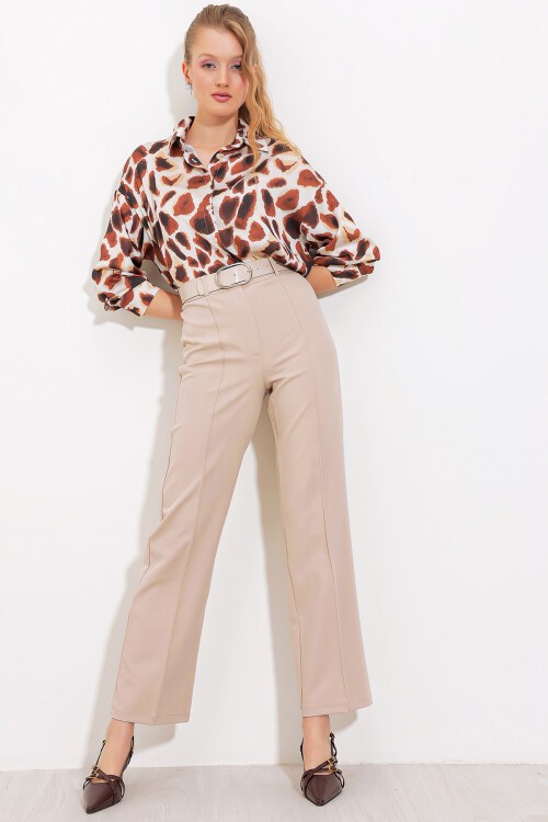 Merterium Kadın Bej Yüksek Bel Kumaş Pantolon 6584