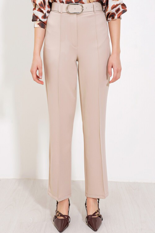 Merterium Kadın Bej Yüksek Bel Kumaş Pantolon 6584