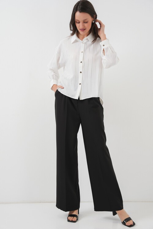 Merterium Kadın Beyaz Gümüş Çizgili Gömlek 5924