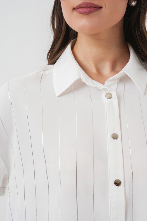 Merterium Kadın Beyaz Gümüş Çizgili Gömlek 5924